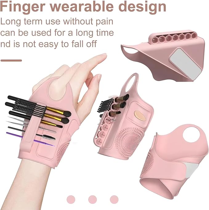 Makeup Mixing Palette Wristband, Silicone Makeup Brush Travel Case, Professional Cosmetic Display Cases Tools Strap for Pigment Makeup Art Nail Palette, Easy Cleaner(Pink)