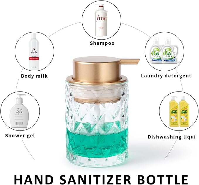 Bathroom Glass Soap Dispenser with Durable Rust-Proof Plastic Liquid Pump (Can't Foam) Hand Lotion Dispenser Antislip Shampoo Kitchen 10oz