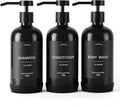 Shampoo and Conditioner Dispenser Set of 3,Refillable 21oz Shampoo Bottles with Non-Slip Protective Silicone Pad,Shower Soap Dispenser with Waterproof Labels for Bathroom (Black)