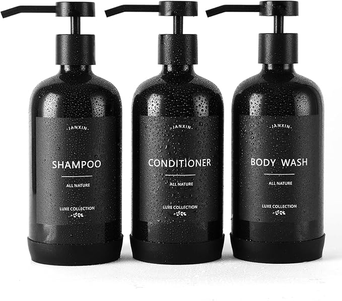 Shampoo and Conditioner Dispenser Set of 3,Refillable 21oz Shampoo Bottles with Non-Slip Protective Silicone Pad,Shower Soap Dispenser with Waterproof Labels for Bathroom (Black)