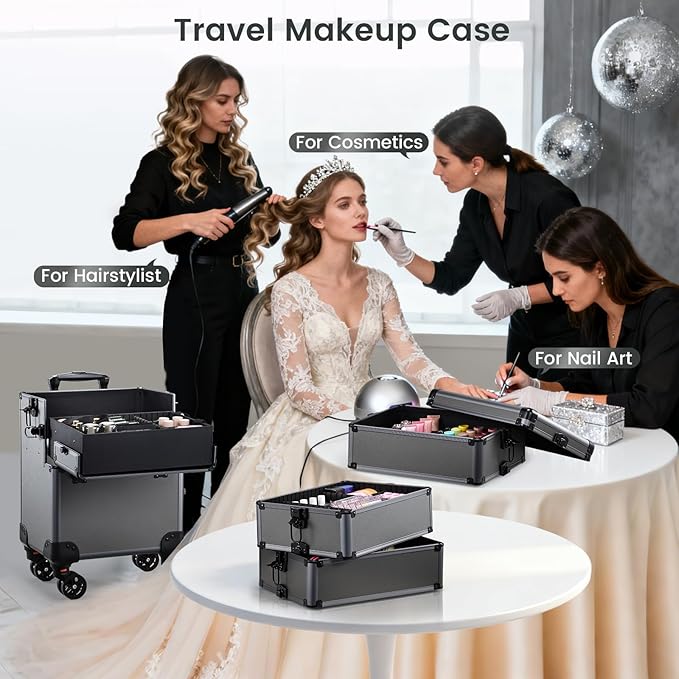 5 in 1 Makeup Train Case, Cosmetology Case on Wheels Travel Make up Case Rolling Nail Cart Makeup Organizer Cosmetic Storage Box Cases Extra Large Trolley Truck, 360° Swivel Wheels, Ashy Grey