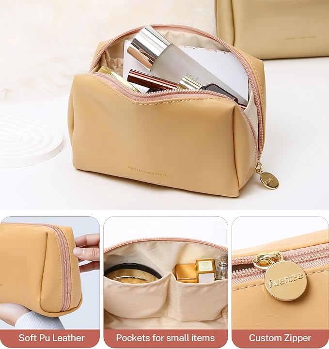 Aveniee Small Travel Makeup Bag, Vegan Leather Pouches for Purse, Cosmetic Case for Women, Toiletry Organizer for Travel Car Accessories with Divider & Zippers - Camel