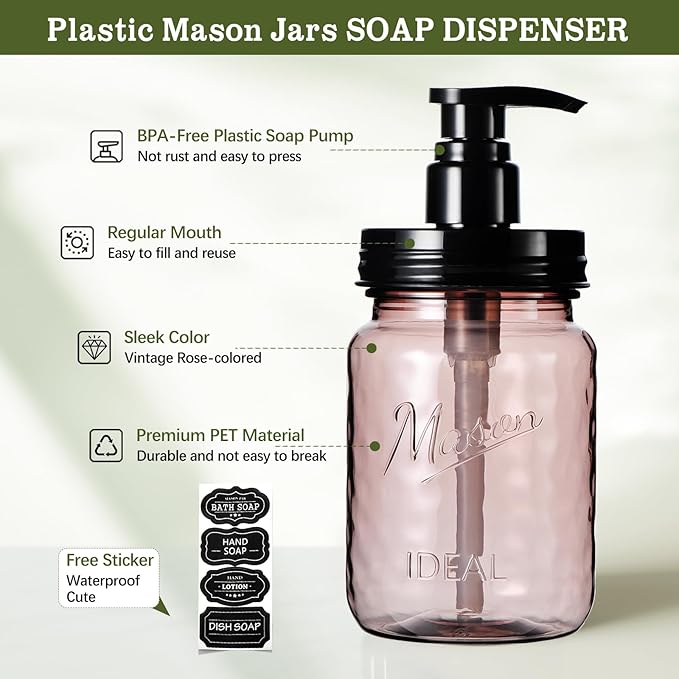 Amolliar 16 Oz Plastic Soap Dispenser, Refillable Hand Dish Soap Dispenser - Vintage Rose Bottle with Black Pump Lids, for Farmhouse Bathroom Kitchen, Includes 2 Extra Pump & Waterproof Label (2 Pack)