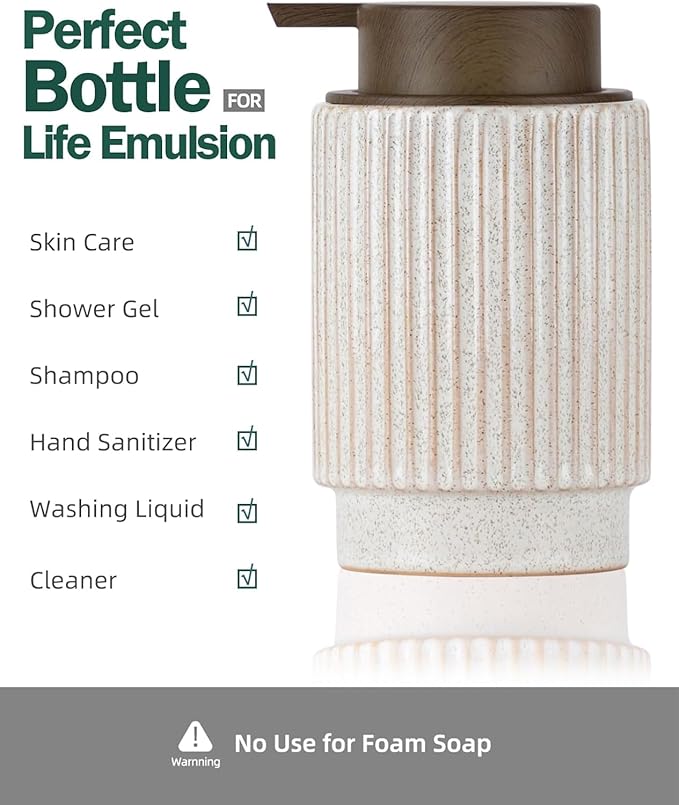 Fun Elements Ceramic Soap Dispenser, Wood Grain Plastic Soap Dispenser, 10oz Refillable Bottle for Liquid Soap - Kitchen, Sink, Bathroom