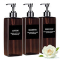 Amber Refillable Plastic Pump Bottle Set, 500ML - Waterproof Labels, Shampoo and Conditioner Dispenser for Shower (Set of 3)