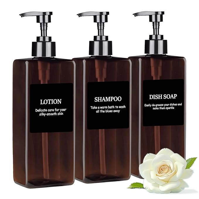 Amber Refillable Plastic Pump Bottle Set, 500ML - Waterproof Labels, Shampoo and Conditioner Dispenser for Shower (Set of 3)