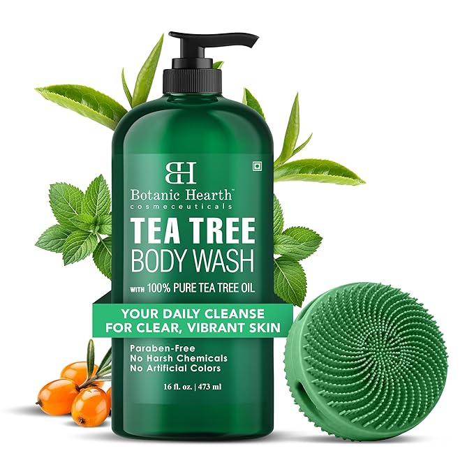 Botanic Hearth Tea Tree Body Wash with Silicone Dual-Sided Design Body Brush & Scrubber | Infused with 100% Pure Tea Tree Oil, Coconut, Jojoba |Foot & Body Cleanser | Paraben Free |16 fl oz