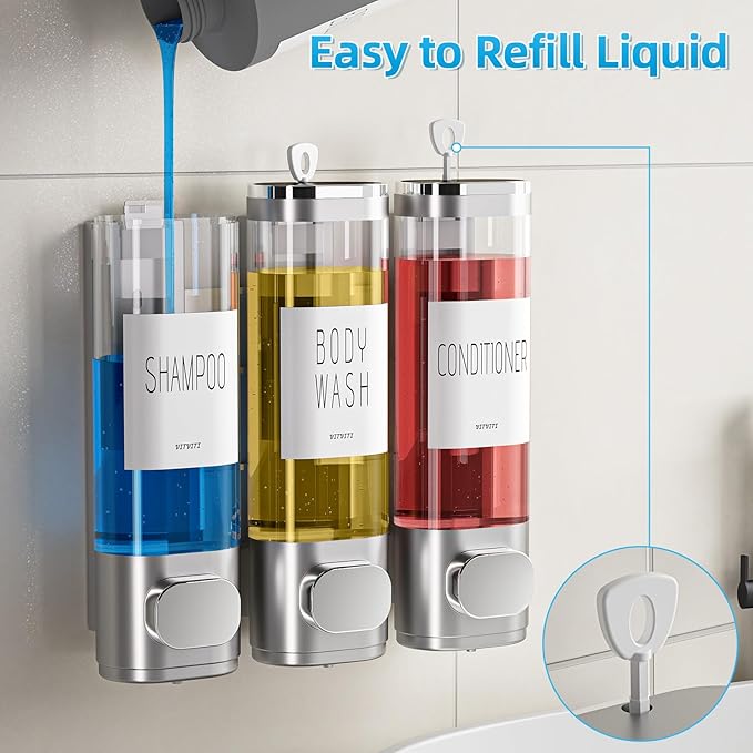 VITVITI Shampoo and Conditioner Dispenser for Shower Wall, Shower Soap Dispenser 3 Chamber No Drill Wall Mounted, 10.2 OZ Plastic Refillable Shower/Body Wash Bottles for Bathroom (Matte Silver)