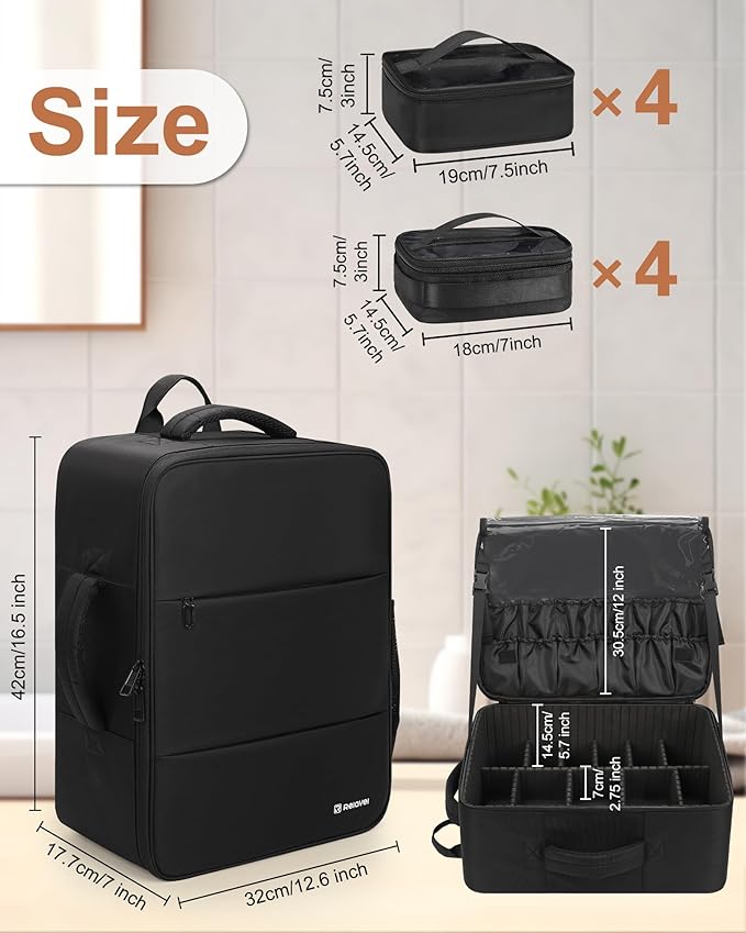 Relavel Makeup Backpack Extra Large Travel Train Case Professional Makeup Artist Kit Set Bag with 8 Clear Bags, Brush Storage Organizer Box with Dividers for Cosmetic Hair Tools Barber Supplies