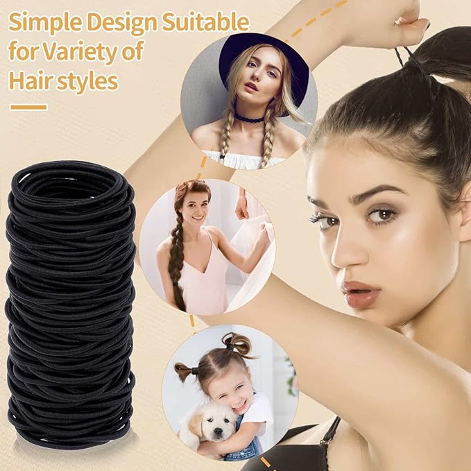 150 Pieces Black Hair Ties for Thick Curly Hair Bulk Hair Bands Ponytail Holders Hair Elastics for Women or Men (3mm)