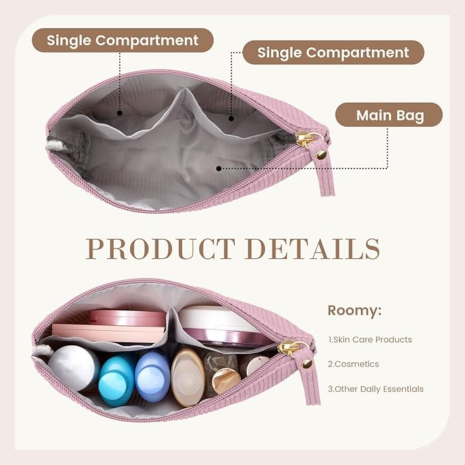 MAGEFY Small Makeup Bag, Corduroy Small Pouches for Purse Cosmetic Bag Makeup Pouches for Key Pocket Lipstick Bag Card Holder Data Cable Organizer(Pink,Small)