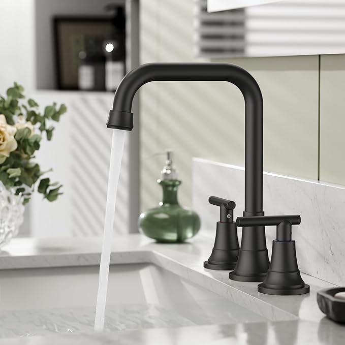 FORIOUS Black Bathroom Faucet for Sink 3 Hole,Widespread Matte Black Bathroom Sink Faucets,2 Handles RV Bathroom Faucets Vanity with Pop Up Drain and Supply Hoses