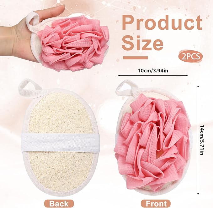 2PCS Pink Loofah Sponge - Exfoliating Loofah for Women & Men, Natural Body Face Scrubber Sponge, Bath Accessories for Travel Skin Care and Cleansing