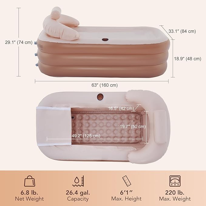 CO-Z Inflatable Bathtub with Electric Air Pump and Bath Pillow Headrest, Portable Blow Up Bath Tub for Adults, Outdoor & Indoor Freestanding Foldable Spa Tub with Cover Drainage Cup Holder,Brown
