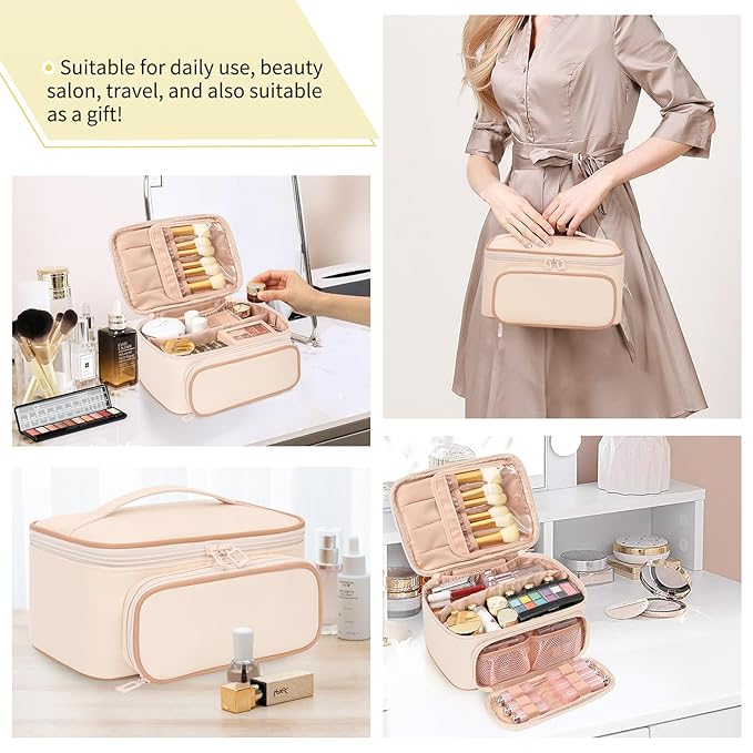 OCHEAL Makeup Bag, Multifunctional Large Compact Organizer Cosmetics Toiletry Brushes Storage Case for Women Girls with Handle Divider - Beige