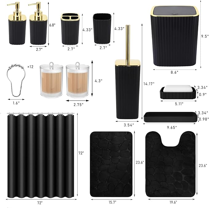 Bathroom Set with Shower Curtain and Rugs- 25PC Bathroom Accessory Set, Black Shower Curtain Set, Toilet Brush, Trash Can, Qtip Holder & Soap Dispenser
