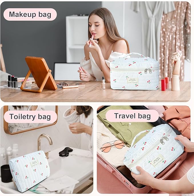 3Pcs Cotton Quilted Makeup Bag Large Travel Cosmetic Bag Coquette Makeup Pouch Cute Aesthetic Floral Toiletry Bag for Women Girls (flower-V)