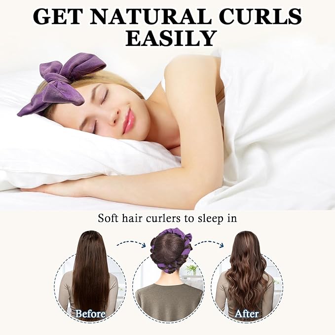 No Heat Overnight Curl Headband, 70" Soft Ribbon Wrap with 9 PCS Curling Rods and Yoga Strap - Purple