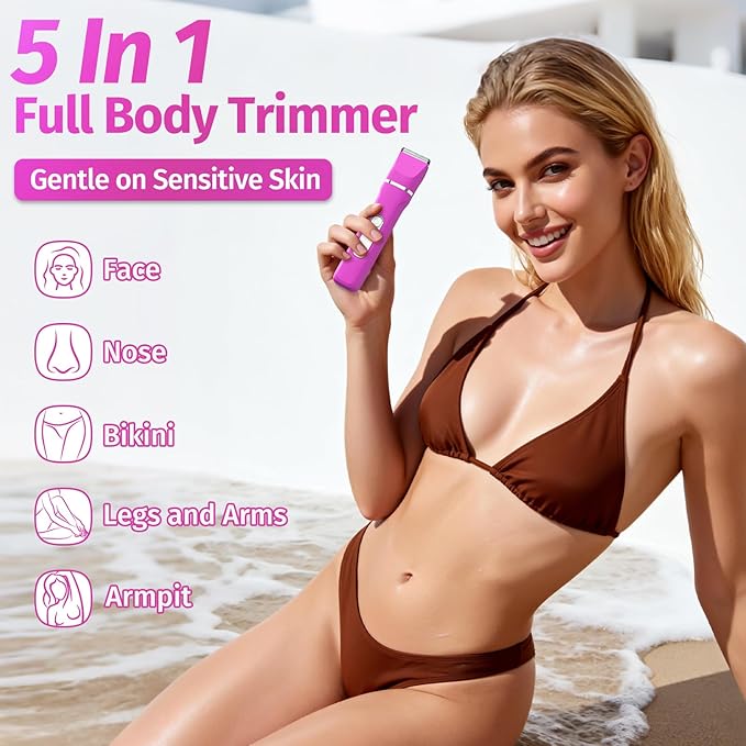 Bikini Trimmer for Women,5-in-1 Electric Razors for Women,Electric Shaver for Women's,IPX7 Waterproof Trimmer for Men Legs,with 5 Replaceable Blade Heads,USB Recharge Dock（Rose Pink）