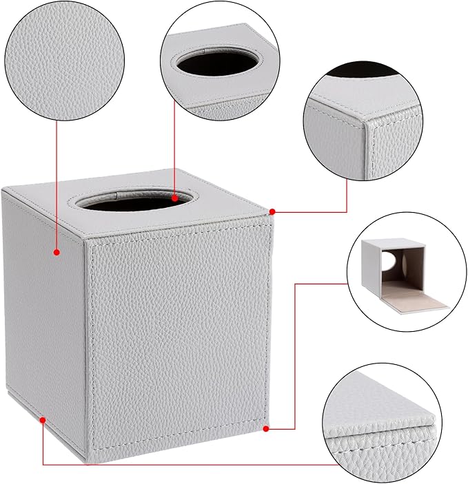 Sumnacon Tissue Box Cover Square Tissue Box Stylish PU Tissue Box Holder with Magnetic Bottom, Leather Cube Tissue Cover for Living Room Bathroom Bedroom Table Desk Home Office Car, Light Grey