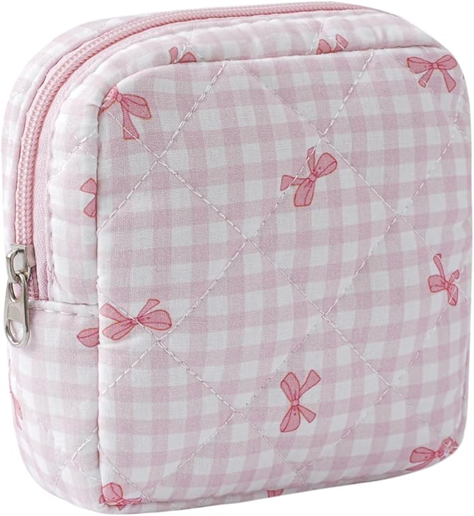 Small Quilted Cosmetic Pouch for Purse, Mini Cotton Makeup Bag with Compartments, Cute Zipper Lipstick Holder for Women (11Checkered Pink bow)