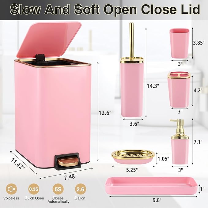 Pink Bathroom Accessories Set 8 Piece Pink and Gold Bathroom Set, Bathroom Sets with Stainless Steel Trash Can,Toilet Brush,Toothbrush Set,Soap Dispenser