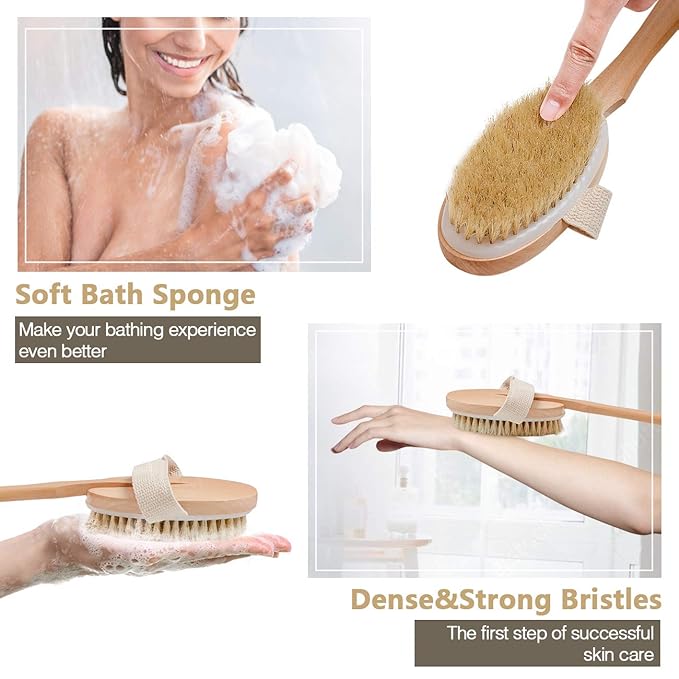 Body Brush for Bath or Shower - Dry or Wet Skin Exfoliating Long Wood Handle Back Scrubber with White Sponge