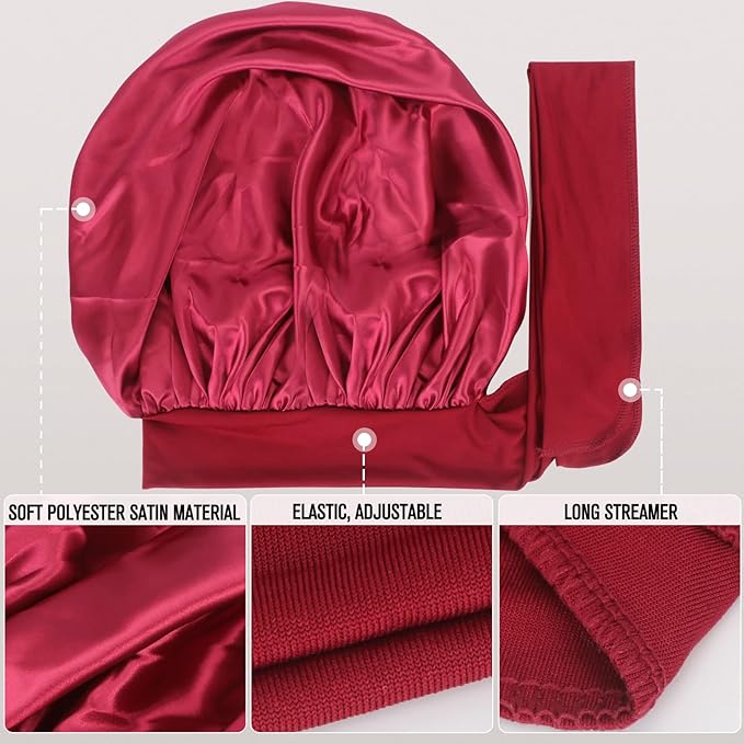 Arqumi Pack of 2 Satin Sleeping Bonnet, Large Sleep Bonnet with Elastic Long Strap, Adjustable Sleep Cap Hair Bonnet for Women & Men,Black+Red