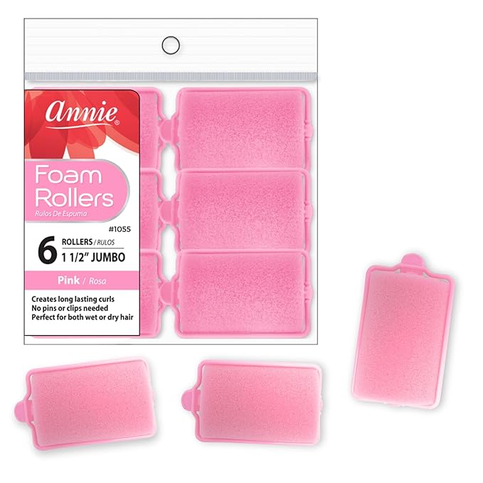 Annie Foam Hair Rollers Jumbo, 6 Count Pink Soft Sponge Curlers for Heatless Curls & Waves, No Pins or Clips Needed, For Wet or Dry Hair, Comfortable Overnight Set
