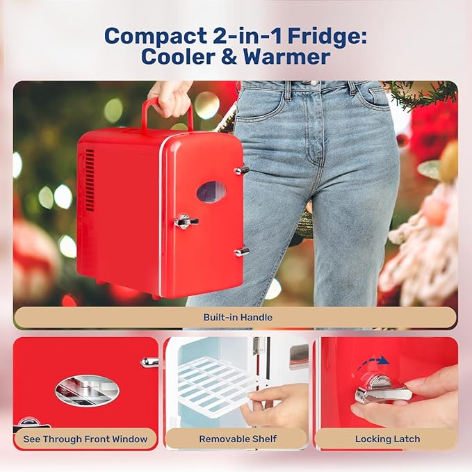 HealSmart 4L Mini Fridge with Observation Window, 6 Can Capacity, Freon-Free and Portable Cooler and Warmer, Cosmetics/Food/Beverage, Red New
