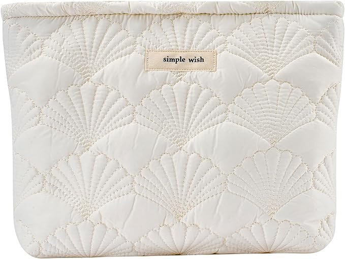 uekeboag White Quilted Cotton Makeup Pouch,Coquette Quilted Toiletry Bag for Women and Girls, Floral Coquette Organizer Bag, Aesthetic Travel Cosmetic Bags(03White Shells)
