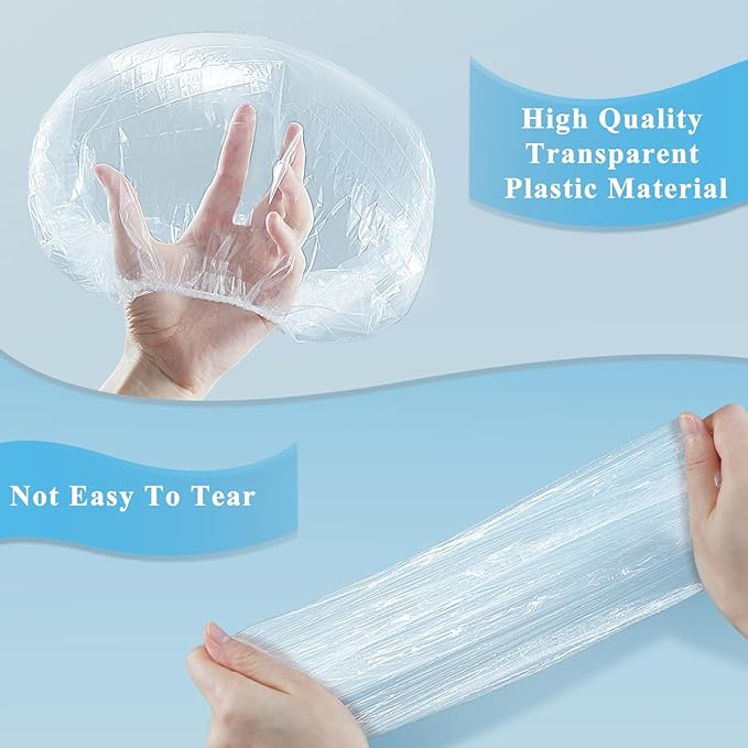 MORGLES 100 Pcs Disposable Shower Caps for Women, 18.1" Waterproof Plastic Shower Caps for Bathing, Hair Treatment, Conditioning in Home Hotel Travel