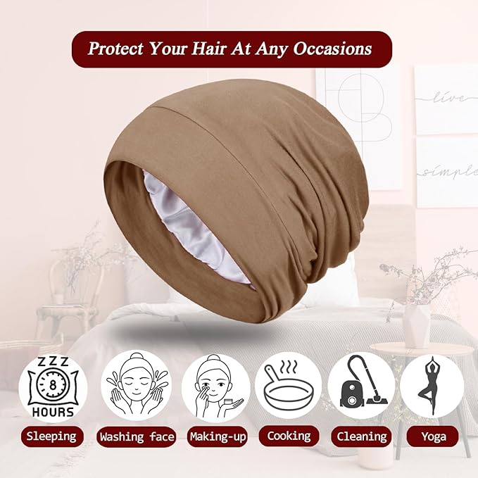 4 Pieces Satin Lined Sleep Bonnet - Adjustable Sleeping Cap Slouchy Beanie Hat for Curly Hair