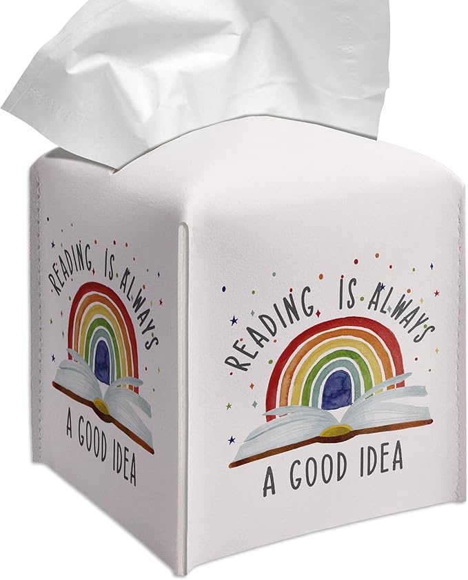 Grace Yonks Cute Tissue Box Cover Square - Rainbow & Book “Reading is Always a Good Idea” Design 5.2" PU Leather Holder for Vanity, Desk, Bathroom Counter - Cube Case for Facial Tissues(016)