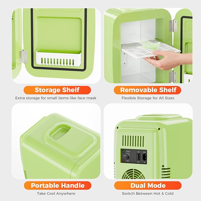 Mini Fridge, 4 Liter/6 Can Mini Makeup Fridge, 110V AC/ 12V DC Portable Thermoelectric Cooler&Warmer for Skincare, Drink, Cosmetic, Medicine, Small fridge for Bedroom, Office, Dorm, Car, Green