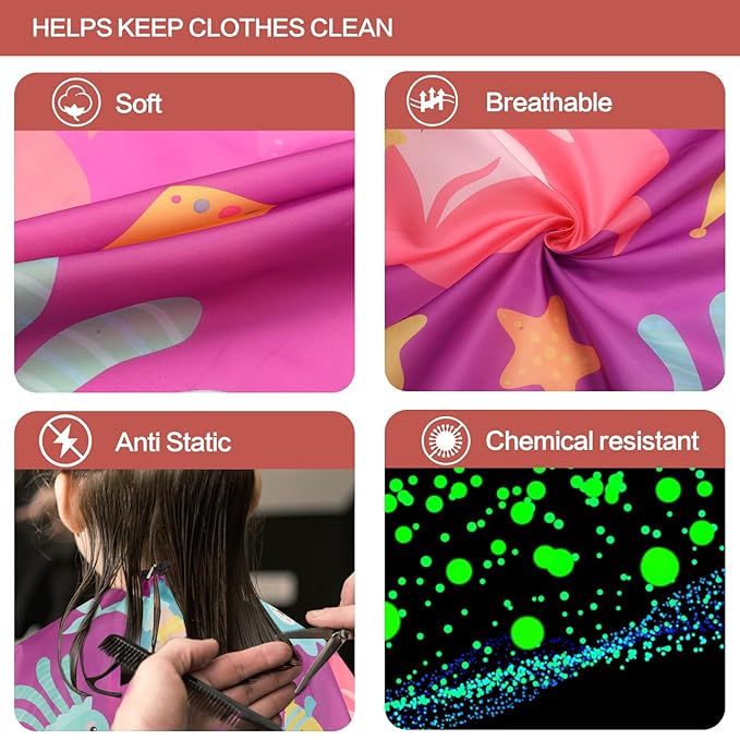 Kids Barber Cape with Neck Duster Brush, Professional Salon Hair Cutting Cape with Adjustable Snap Closure(Cartoon Mermaids)