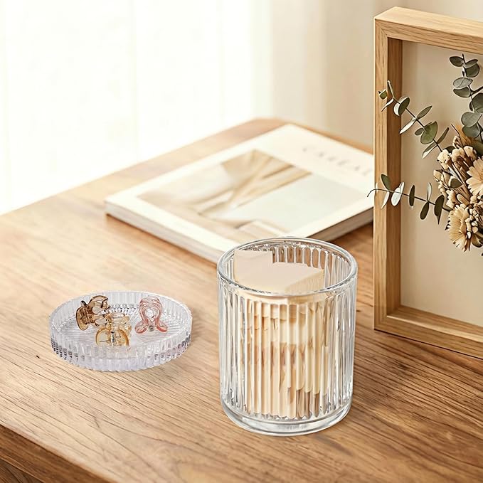 SheeChung 2-Pack Ribbed Glass Apothecary Jars - Clear Qtip Holder Dispenser Set - Vintage Bathroom Vanity Organizer for Cotton Swabs, Balls, Pads, Floss Picks - Modern Farmhouse Decor