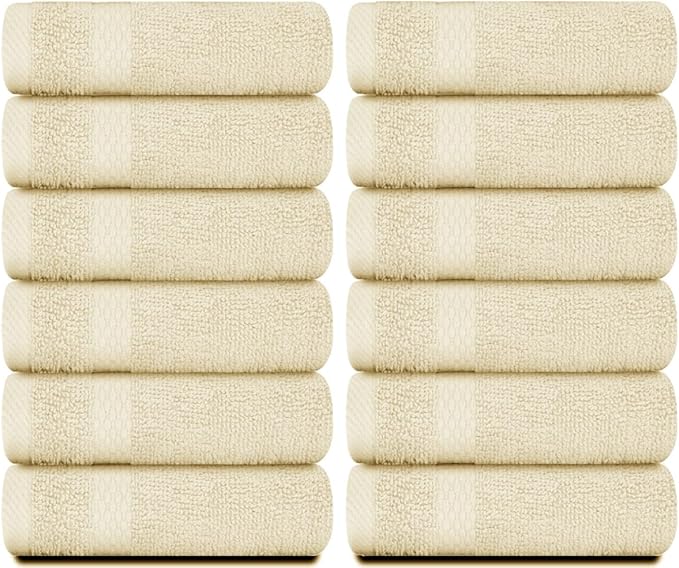 White Classic Luxury Cotton Washcloths 13x13 Inch - 650 GSM Turkish Cotton | Hotel, Spa, Bathroom Face Towel | 12 Pack, Beige
