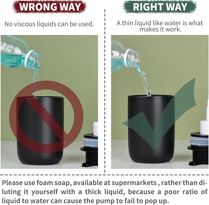 BosilunLife Foaming Soap Dispenser Set - Black Ceramic Foam Hand Dispenser 12oz Soap Dispenser Set with Rust Proof Pump, 4Pcs Clear Stickers for Kitchen, Bathroom - 2 Pack