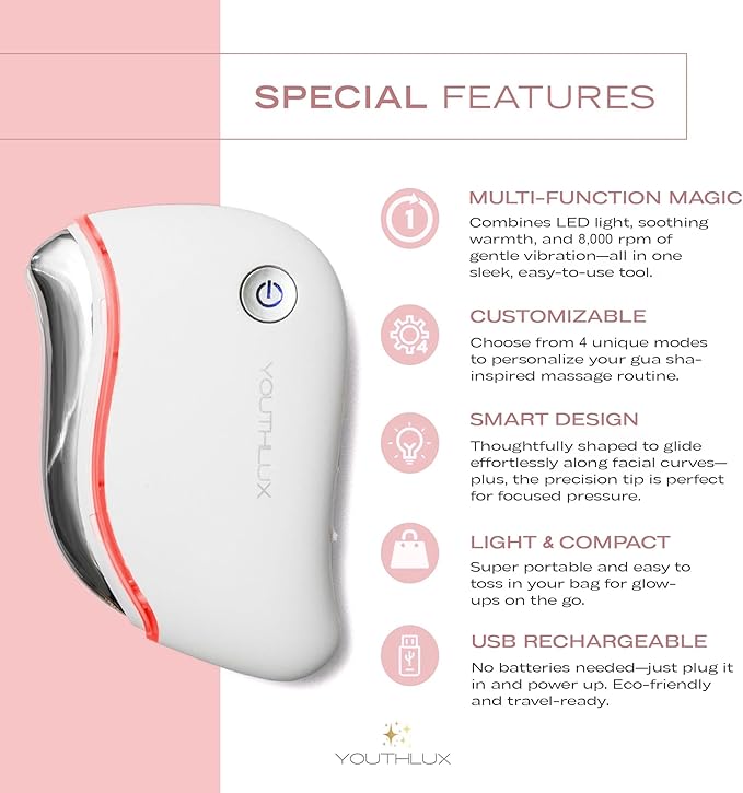 ProSculpt Heated Gua Sha Facial Massager – Electric Guasha Tool for Face Sculpting, Relaxation & Skincare | Soothing Vibration Facial Massage Tool with Contoured Design (White)