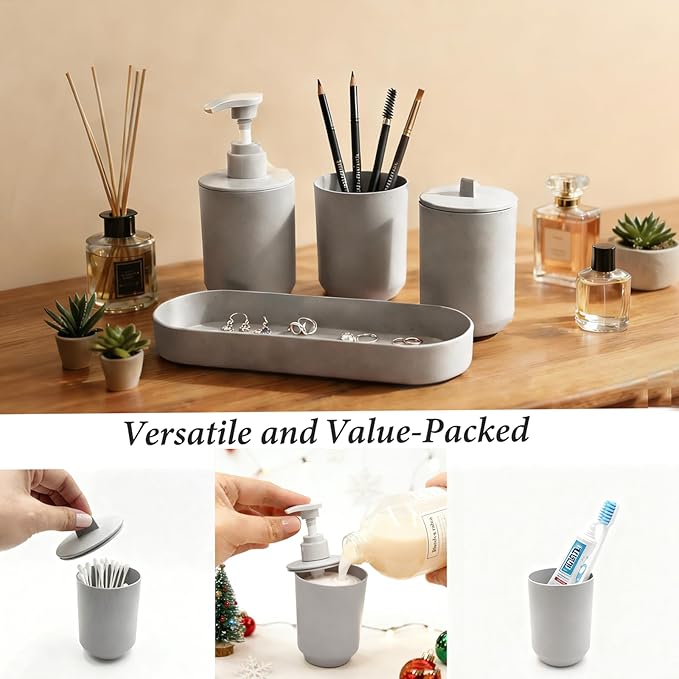 LGURT-4-piece Bathroom Accessories Set, with Toothbrush Holder, Lotion soap Dispenser, Qtip Holder Dispenser and Vanity Tray, Sleek Counter Storage for Bathroom Vanity (Gray)