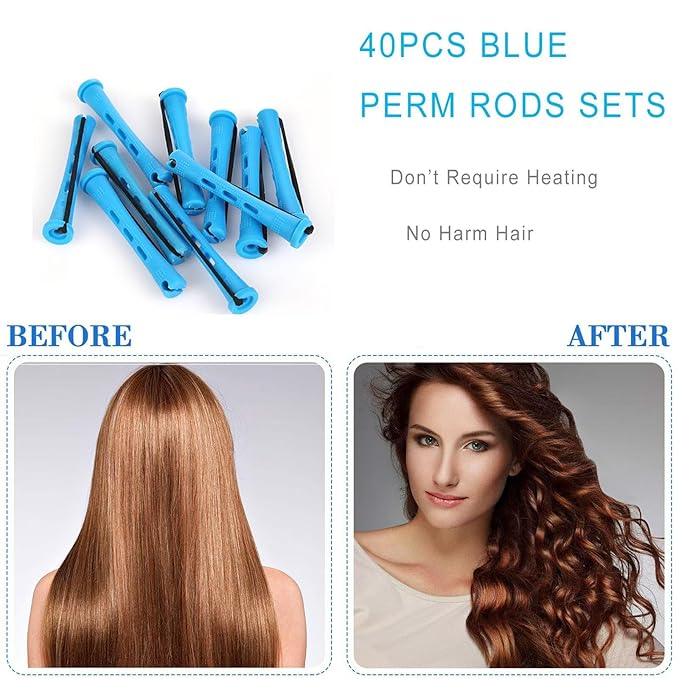 40 Pieces Plastic Perm Rods Set, Cold Wave Rod, Non-Slip Hair Rollers, Perming Curlers with Elastic Rubber Band For Women’s Short Long Natural Hair(Blue,0.35 Inch)
