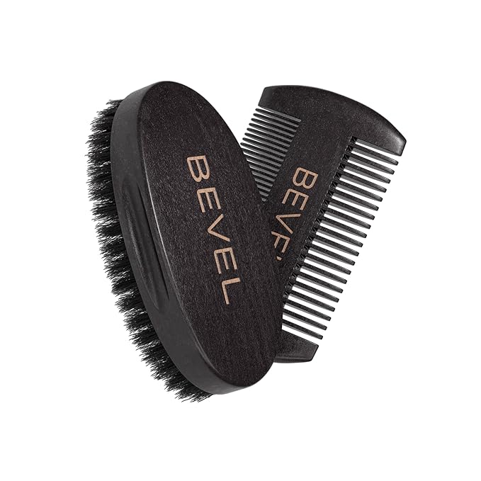 Bevel Beard Brush and Comb Set for Men – Natural Boar Bristle Brush & Pearwood Comb with Travel Pouch – Beard Grooming Kit for Shaping, Soften & Detangling Mustaches