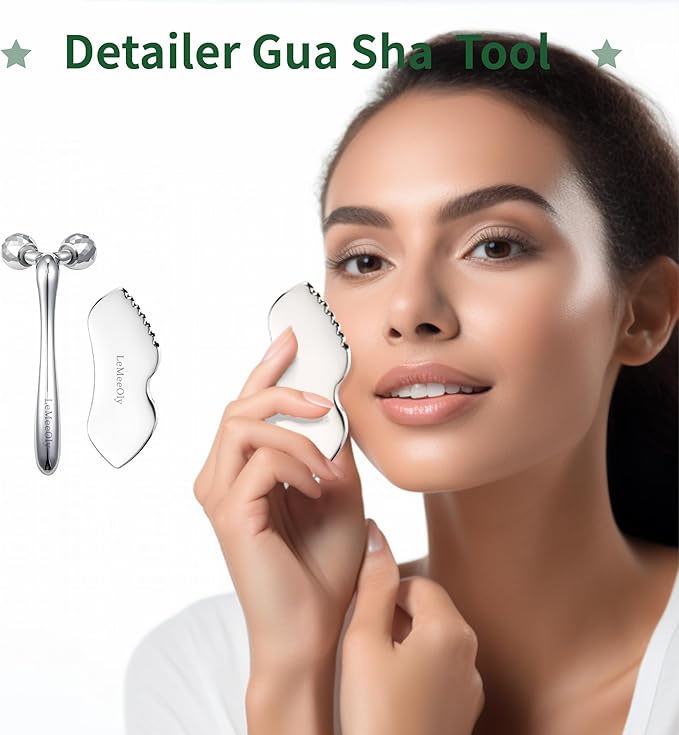 Stainless Steel Gua Sha Facial Tools Metal GuaSha Tool for Face Neck, Detailer Gua Sha Lymphatic Drainage Reduce Wrinkles Face Massage Tool, Gift for Women (Guasha & Face Roller)