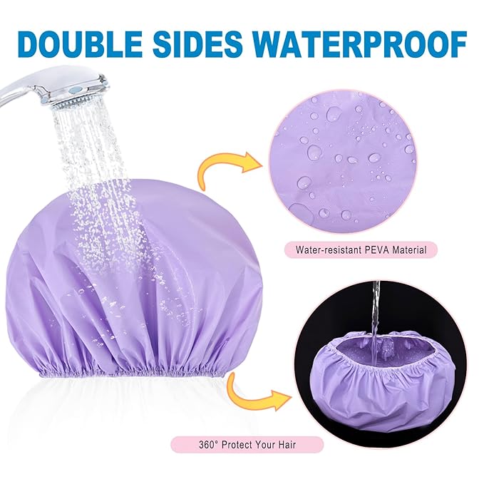 6 PCS Shower Caps for Women, Double Side Waterproof Shower Cap, Reusable Elastic Bath Caps for Shower, EVA Bathing Shower Caps, Bath Hair Caps - Black+Plum+Teal+Red+Lavender+Gray