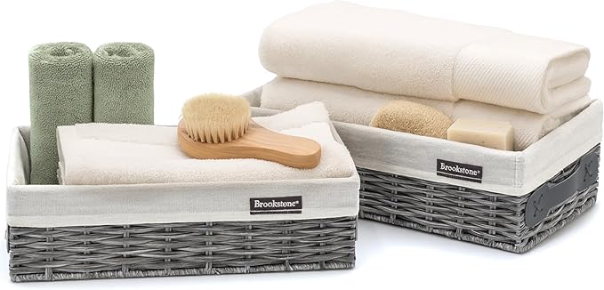 Brookstone Wicker Shelf Storage Basket Decorative Shelf Bin, bathroom organizers and storage, Boho Living Room Decor, Summer Storage 2025-2 Piece Set