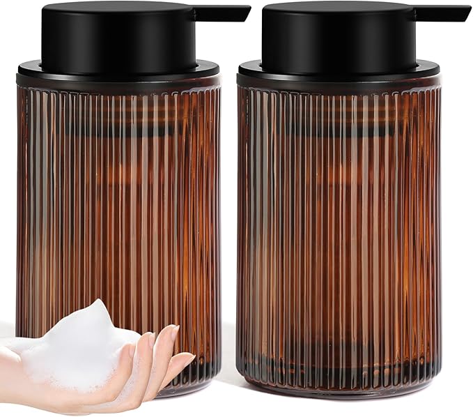 Amber Glass Foaming Soap Dispenser, Ribbed Foam Hand Soap Dispenser for Bathroom, 11 Fl Oz 2 Pack Refillable Foaming Pump Bottle with Black Pump, Modern Dish Soap Foam Dispenser