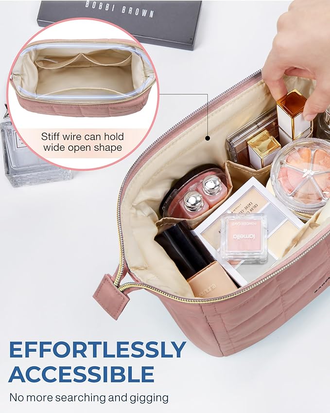 BAGSMART Makeup Bag Travel Toiletry Bag, Puffy Padded Make Up Bags for Women Makeup Organizer Case, Wide-open Pouch Purse Travel Essentials Toiletries Accessories Brushes, Dark Pink