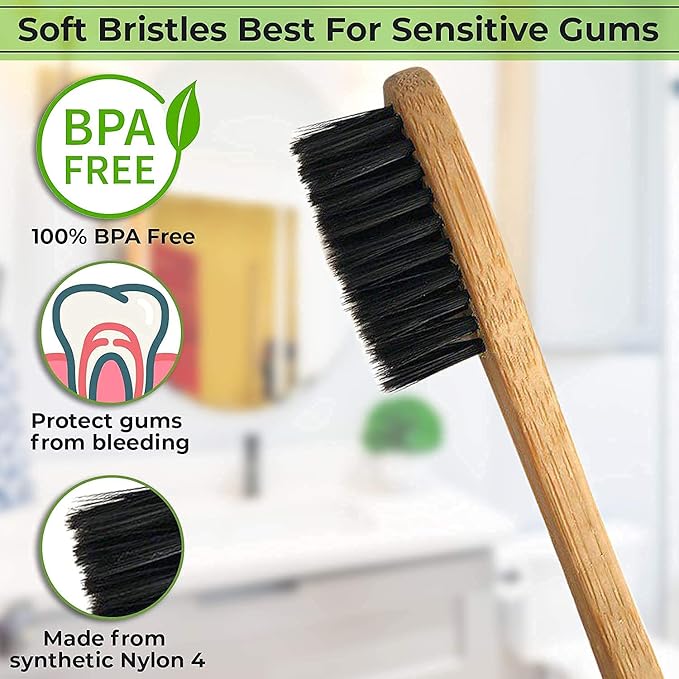 12 Count I Bamboo Toothbrush I Soft Bristles Best for Sensitive Gums I Charcoal I Vegan I Natural Wood I BPA Fee I Recyclable I Compostable I Biodegradable | Environmentally Friendly