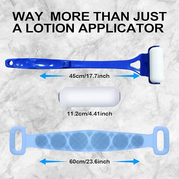 Lotion Applicator for Back & Body, Sunscreen Application Roller (3 Reusable Foam Rollers) with Long Reach Folding Handle and Silicone Body Scrubber - Apply Lotion, Moisturizer, Cream, Ointment,Blue